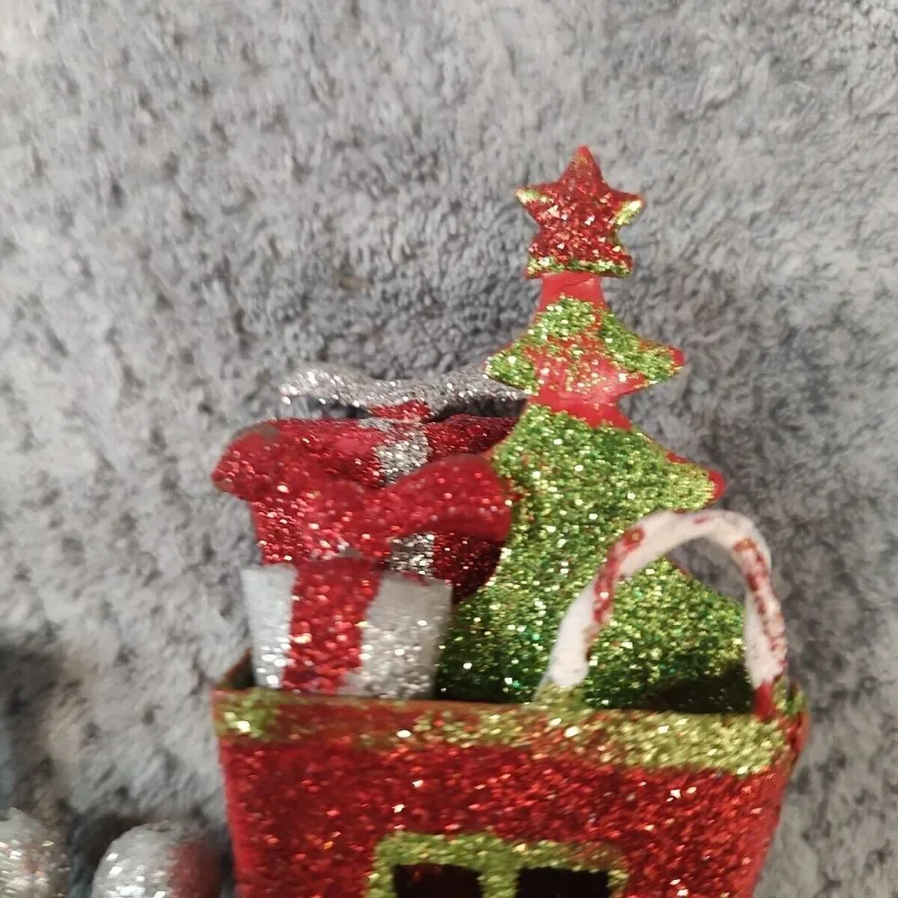 Metal Train‎ Locomotive Engine Christmas Ornament Decoration Glitter Green Red